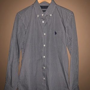 Checkered navy blue and white polo shirt